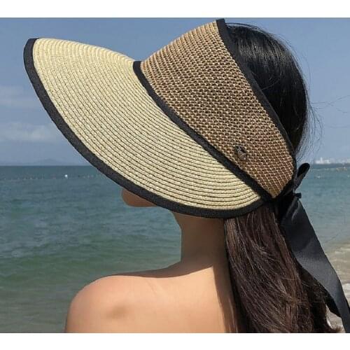 Summer Ladies Fashion Straw Hats Bow Beach Hat Female Straw Empty Top Panama Hat UV Protection Sun Hats Foldable Visor Cap