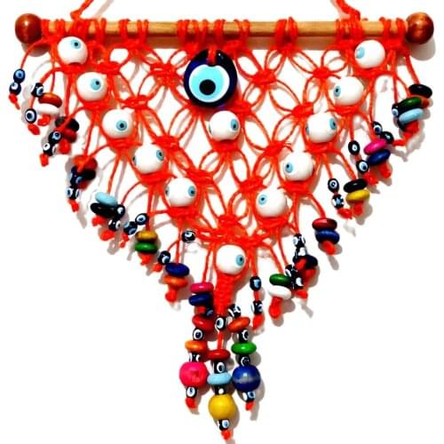 Orange Color Triangle, Handmade Door and Wall Decoration with White Glass Evil Eye Beads