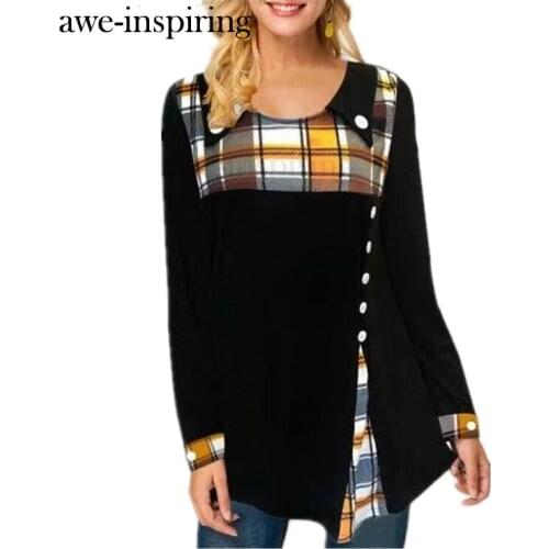 Awe-inspiring Plus Size Patchwork Plaid Printed T-Shirt Women Long Sleeve Summer Shirt Tees Ladies Top Buttons Green Yellow Blue