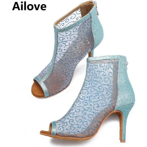 Ailove Women`s Social Dance Boots Blue Air-mesh Ballroom Latin Salsa Party Dancing Shoes Multiple Heel Heights S057