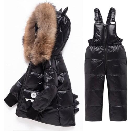 Winter Children Clothing Set Baby Boy Girl Warm White Duck Down Jackets Coat Jumpsuit 2pcs Snowsuit Kids Parka Real Fur Overalls