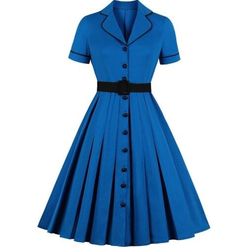2020 Cotton Retro Vintage Woman Dress Short Sleeve Swing Botton 60s 50s Belted Rockabilly Sundress Plus Size Midi Vestidos