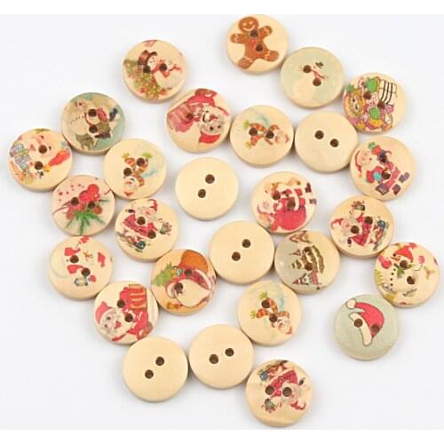 50pcs Christmas Pattern Wooden Button Scrapbooking Round Sewing Buttons For Clothing Decoration Diy Sewing Accessories 15mm