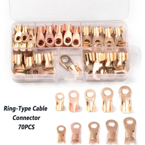 70pcs Ring Terminal Cable Wire Connector Non-insulated Bare Terminal Copper Lugs Crimp Terminals Set 10A/20A/30A/40A/50A