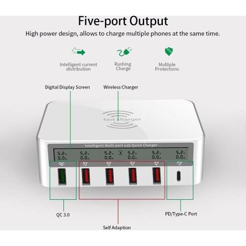 Wireless Quick Charge Type-C Port 818 Intelligent Multi-port USB Fast Charger Adaptive LCD Display
