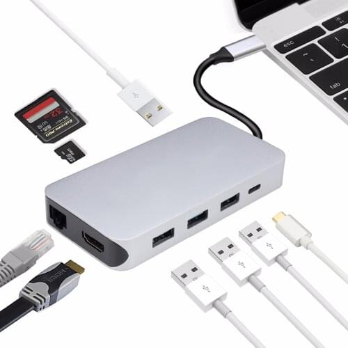 9IN1 USB Type-c Dock Thunderbolt 3 Hub to HDMI 4K RJ45 USB3.0X4 Hub USB-C PD TF SD Slot Multiport Cable Adapter for Macbook Pro
