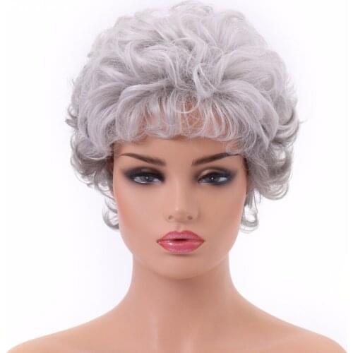 BESTUNG Short Curly Classic Wigs Synthetic White Mix Gray Deep Wavy Fluffy for Women Cosplay Costume