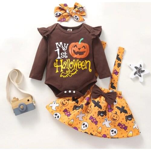 Baby Girl’s Three Piece Suit Cute Halloween Print Long Sleeve Romper and Suspender Skirt with Headband
