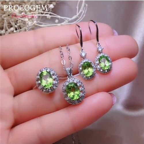 Trendy Natural Peridot Jewelry sets for Women Girls Party gifts Necklace Ring Drop Earrings Real gems 925 Solid Silver #628