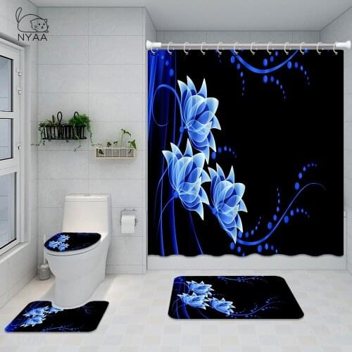 NYAA 4pcs Bathroom Shower Curtain Flower Print Durable Waterproof Bath Curtain Set Toilet Cover Mat Non-Slip Bathroom Rug Set