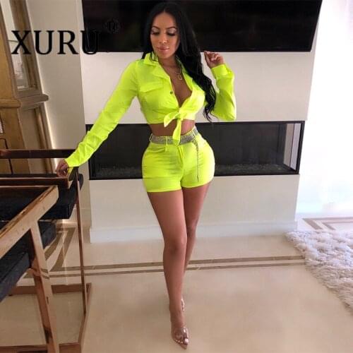 XURU Autumn New Womens Fluorescent Color Jumpsuit Two-piece European and American Womens Jumpsuit Set
