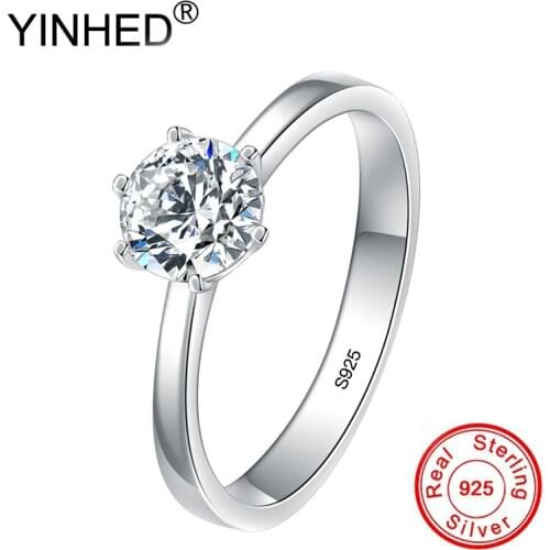 Lose Money Sale! YINHED 100% 925 Sterling Silver Wedding Rings for Women 6 Claw 1 Carat Simulated Diamond Solitaire Ring ZR691