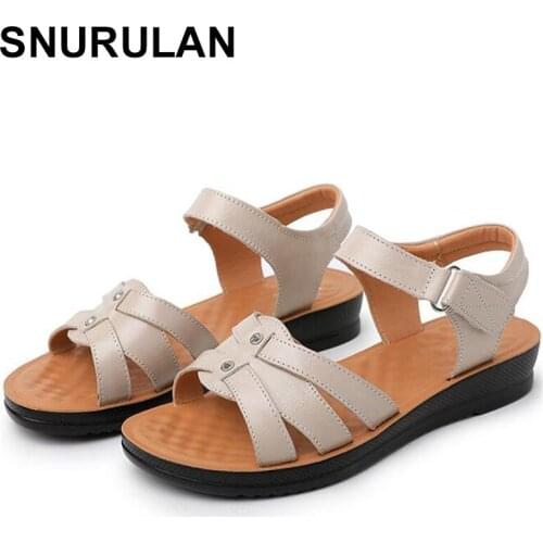 SNURULAN Summer New Mother Leather Sandals Plus Size Soft Sole Style Woman Sandals Casual Comfortable Grandma Flat Sandals