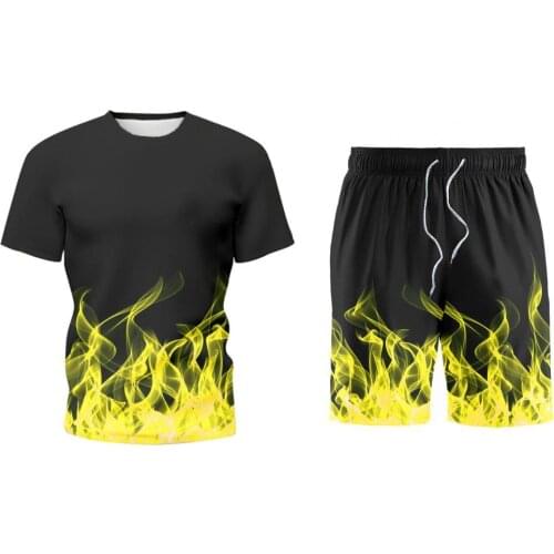 3D Digital Print Men Tracksuit Drawstring Two Piece Summer Flame Print T-Shirt Shorts Suit Activewear