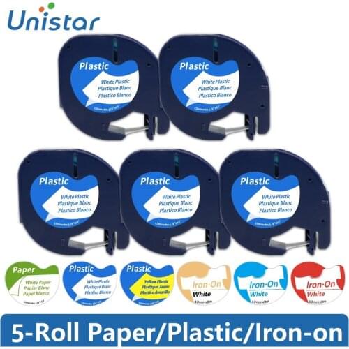 Unistar 5pcs 91331 Compatible for Dymo Letratag Tape 91201 Black on White 12mm Dymo Letratag Plastic Tapes Label Maker LT91201