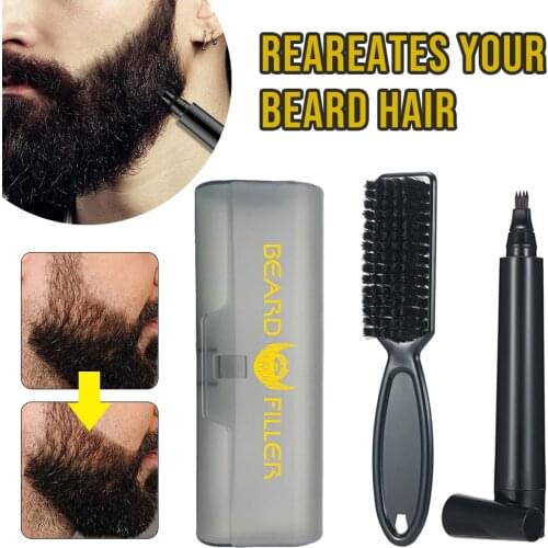 Four-prong Waterproof Beard Pen And Beard Brush Filler Pencil Combination Coverage Enhancer Lasting Repair Moustache Shape