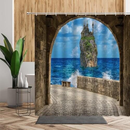 Door Sea Surface Natural Scenery Shower Curtain Arched Window Landscape Bathroom Decoration Waterproof Bath Curtains With Hooks