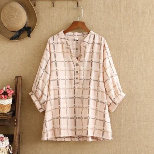 Plus Size Women Clothing Short Sleeves Cotton Fabric Looser Shirt Plaid Pattern Summer Dress For Fatwomen Under 220 Pounds Wear