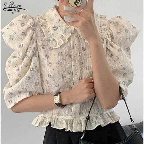 2021 Sweet Peter Pan Collar Floral Chiffon Blouses Women Vintage Ruffles Tops Chic Puff Sleeve Print Shirt Women Blusas 14387