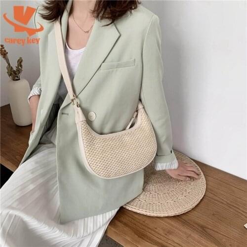 CAREY KEY Semicircle Handmade Woven Straw Bag Summer Women Shoulder Bags Girls Small Luxury Brand Beach Handbag