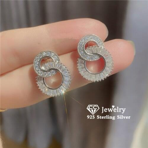 S925 Silver Needles Stud Earrings For Women Bridal Wedding Double Round Cubic Zirconia Temperament Fine Jewelry Brincos CCE736