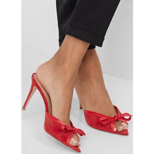 2020 New Brand Slippers Red Suede Women Sandal Bowtie High Heel Casual Slides Summer Outdoor Beach Female Flip Flops 34-46