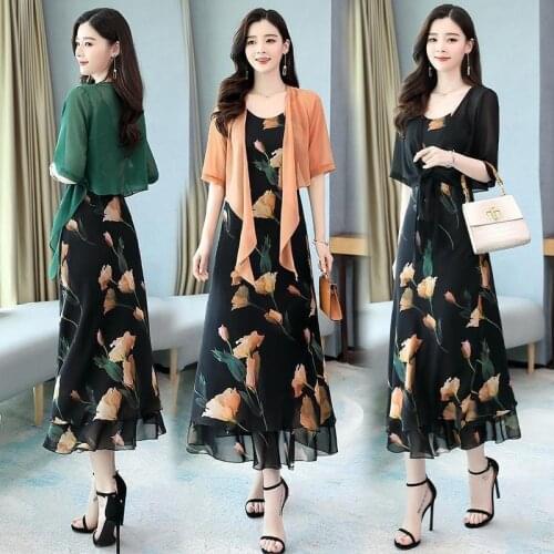 Summer Women Green Half Sleeve Shawl with Floral Print Chiffon Long Dress Suits 2021 Elegant Office Ladies 2 Piece Sets X33