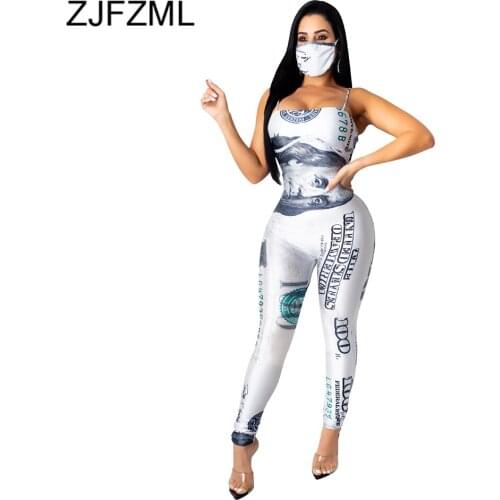 Money Dollar Print Sexy Bodycon Bodysuit Women Spaghetti Strap Open Back Club Party Jumpsuit Summer Sleeveless Slim Fit Rompers