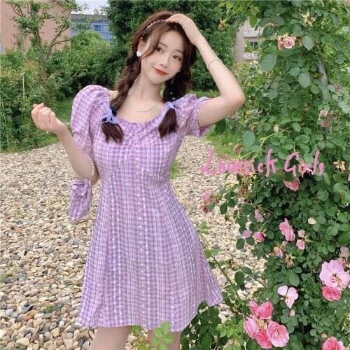 Dress Summer Womens New Korean Plaid Dress Summer Short Sleeve Square Collar Short Skirt