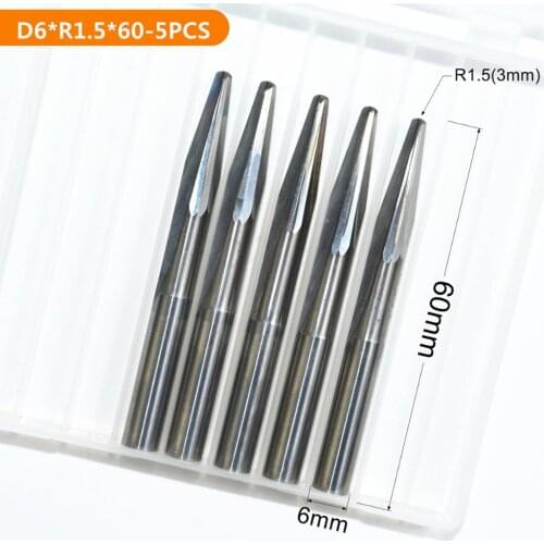 6mm*R1.5*60L,5pcs,Free shipping Taper Ball nose End Mill,CNC milling Cutter,Solid carbide tool,woodworking router bit