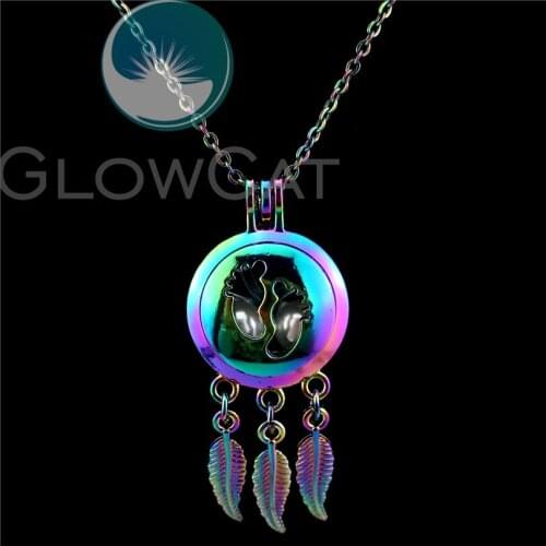 C785 Rainbow Baby Foot Print Dream Catcher Beads Cage Essential Oil Diffuser Aroma Oyster Pearl Cage Locket Necklace Kids Girl