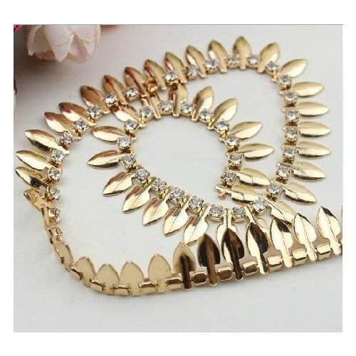 5yards Golden Colors Leaves Rhinestone Chain Lace Trims Crystal Necklace Applique DIY Sewing Clothing Collar Waist Accessories