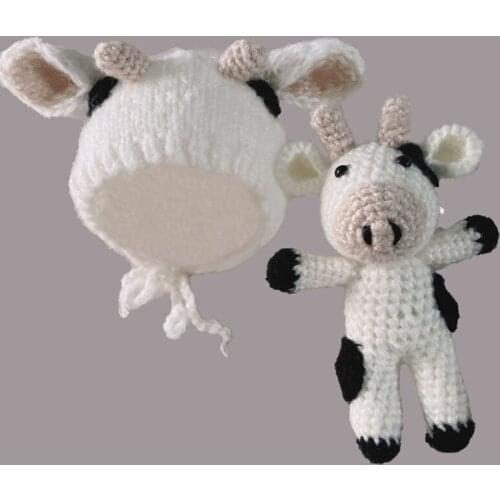 D0AF Newborn Infant Photography Prop Crochet Knitted Beanie Hat with Stuffed Animal Cow Doll Toy Set Baby Bonnet Clothes