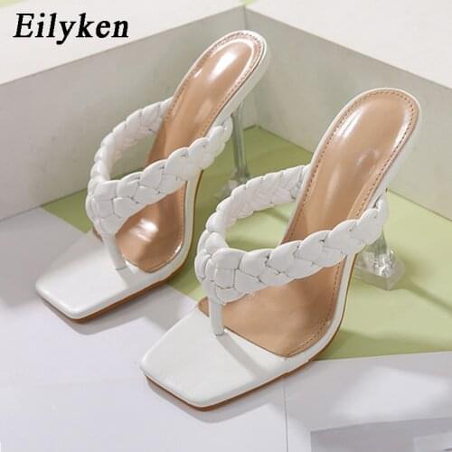 Eilyken New Design Weave V-Neck Strap Slippers Women Pinch Narrow Band Square Toe Sandals Fashion Transparent Strange Heel Shoes
