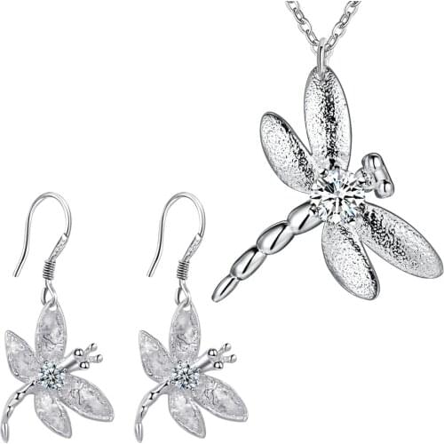 HOT SALE cute Silver color jewelry set necklace earring dragonfly wedding lady women wedding Valentines gift charms new