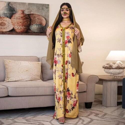 Eid Ramadan Elegant Ethnic Floral Maxi Dress Women 2021 Loose Muslim Jalabiya Arabic Oman Dubai Islamic Clothing RV585