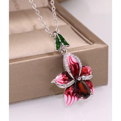 Creative Pink Flower Zircon Stone Silver 925 Sterling Pendant Chain Necklace Choker for Women Fashion Jewelry