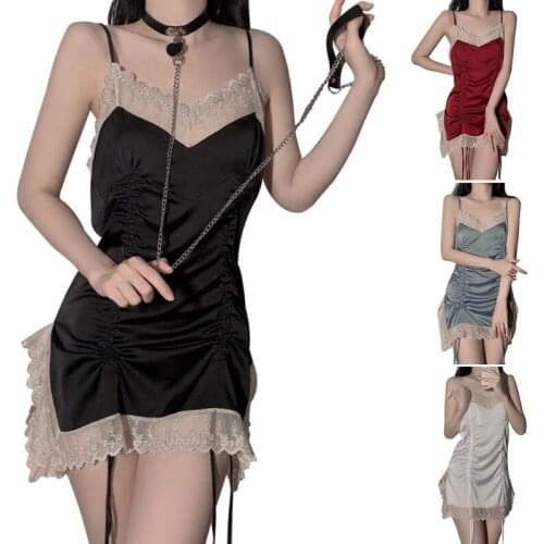 Retro Lace Splice Fold Lingerie Slim Sleeveless Elastic Deep V Sexy Nightgown