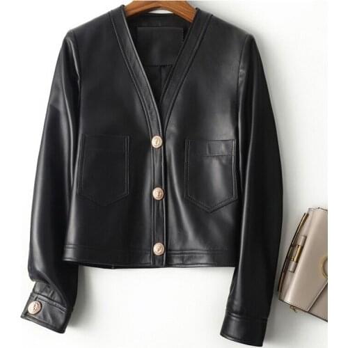 Genuine leather jacket women 2021 spring new fashion black real sheepskin coat women short style luxury overcoat
