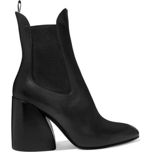 Moraima Snc Pointed Toe Thick Heels Ankle Boots for Woman Black Leather Chelsea Boots Elastic Band Runway Riding Boots