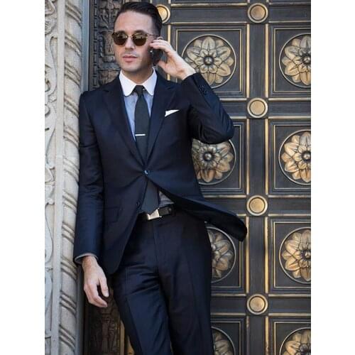 ANNIEBRITNEY Dark Blue 2 Piece Slim Men Business Suit Tailor Made Groom Wedding Tuxedo 2 Piece Prom Wedding Business Men Suit