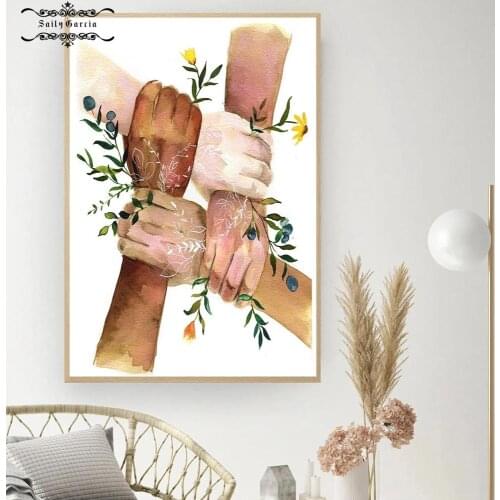 Strong Together Hand Wall Art Black White Yellow Skin Abstract Poster Canvas Print Nordic Flower Wall Pictures Room Decoration