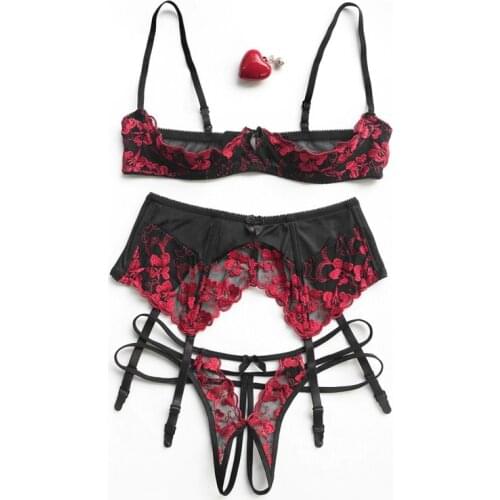 Lovers' Underwear Lace Seductive Women Hollow Out Chest Ultra-thin Underwire Bra Panty Garter Lingerie Set Intimate Clothes