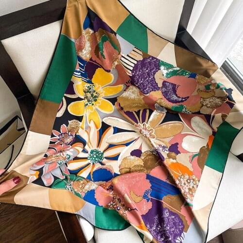 New Simplicity fashion Graffiti flower printing pattern hand stitch twill silk 90 large square scarf decorative shawl gift