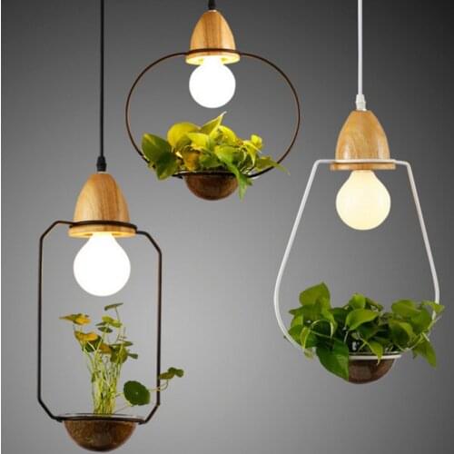 Art Deco Led Plant Pendant Light With Wood Base E27 Creative Rustic Pot Culture Hanging Lamp For Dining Room Cafe Bar Restaurant