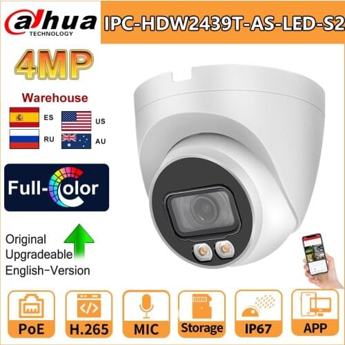 Dahua Full-Color IP Camera 4MP IPC-HDW2439T-AS-LED-S2 Dome 12V DC/PoE Built-in MIC And Warm Led Light Support SD Card IP67 H265
