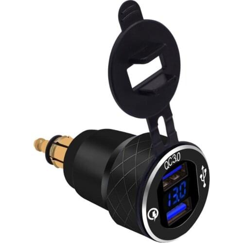 Powerlet Plug to Dual Quick Charge 3.0 USB Charger Adapter with LED Voltmeter for BMW Motorcycle (Blue Light)