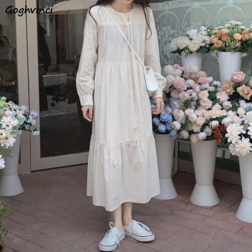 Simple Dresses Women All-match Loose Bandage Solid Temperament Long Sleeve Daily Teenagers Trendy Ankle-length Ulzzang Comfort