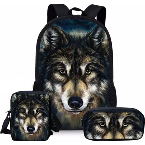 Cool Wolf 3D Print Set School Bags For Teen Boys Primary 16 Inch Children Large Men Backpack School Kids Bag Mochilas Escolares