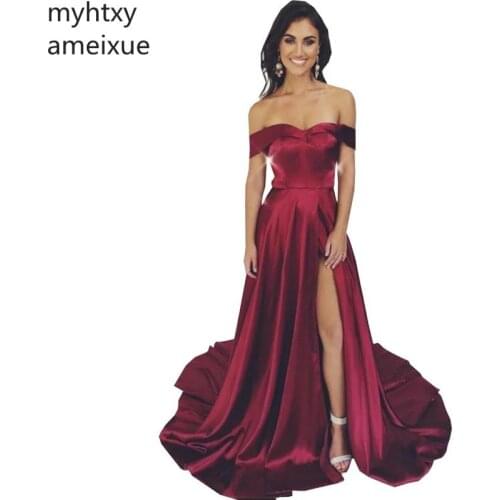 Sexy New red word collar mopping skirt Evening Dresses Hot Off The Shoudler Sleeveless Zipper Back A-Line Side Slit Silk Satin